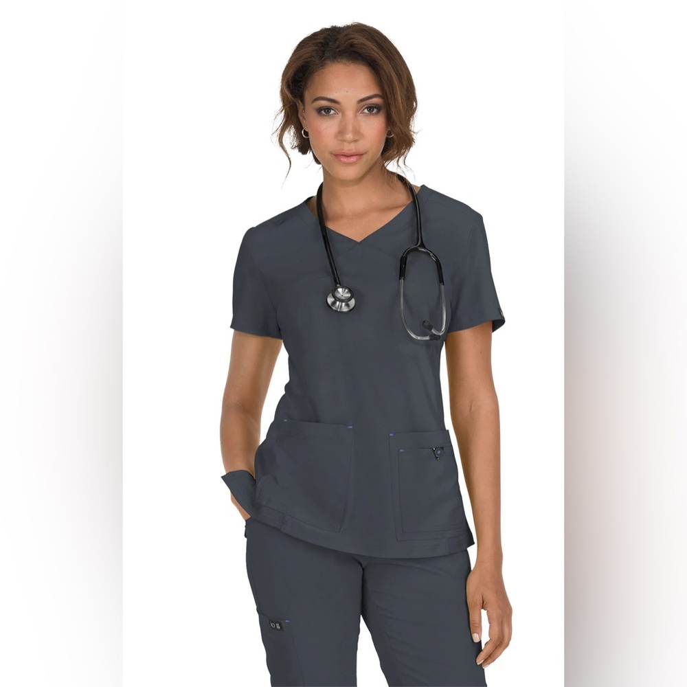 Koi Basics Laurie Yoga Scrub Pants & Katie Mock Wrap Scrub Top Set Charcoal S